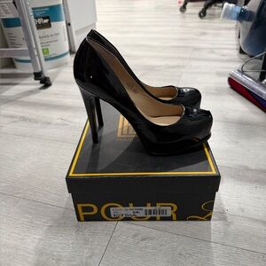 Pour La Victoire Glossy Black Peep-Toe Heels